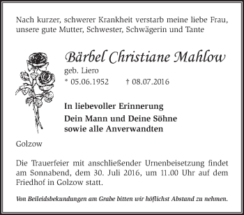 Traueranzeige von Bärbel Christiane Mahlow von Märkische Oderzeitung