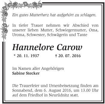 Traueranzeige von Hannelore Carow von Märkische Oderzeitung