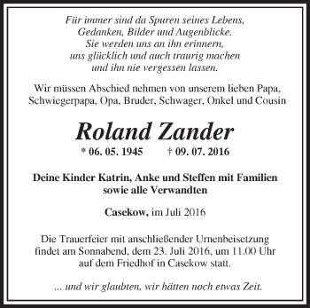 Traueranzeige von Roland Zander von Märkische Oderzeitung