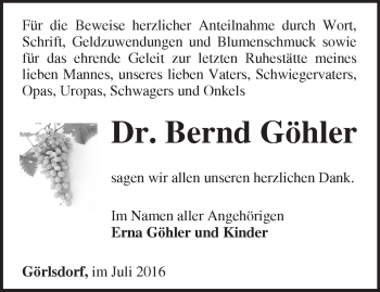 Traueranzeige von Bernd Göhler von Märkische Oderzeitung