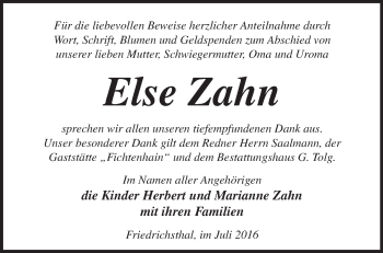 Traueranzeige von Else Zahn von Märkische Oderzeitung