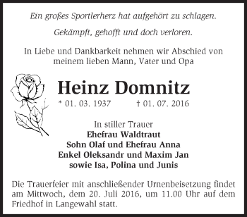 Traueranzeige von Heinz Domnitz von Märkische Oderzeitung