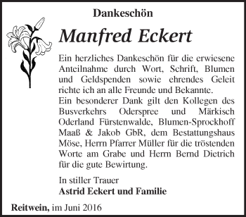 Traueranzeige von Manfred Eckert von Märkische Oderzeitung