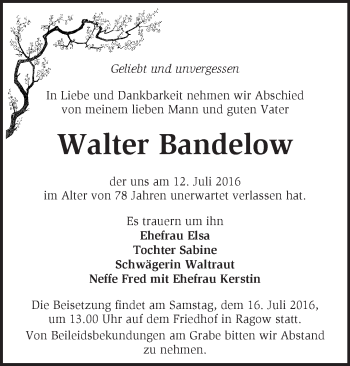 Traueranzeige von Walter Bandelow von Märkische Oderzeitung