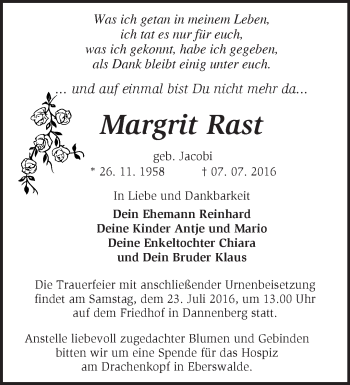 Traueranzeige von Margrit Rast von Märkische Oderzeitung