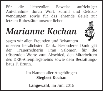 Traueranzeige von Marianne Kochan von Märkische Oderzeitung