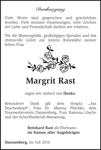 Traueranzeige von Margrit Rast von Märkische Oderzeitung