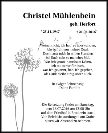 Traueranzeige von Christel Mühlenbein von Märkische Oderzeitung