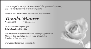 Traueranzeige von Ursula Maurer von Märkische Oderzeitung