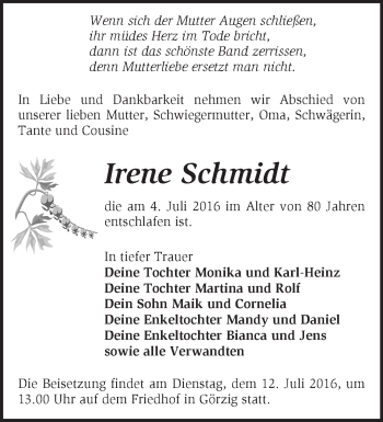 Traueranzeige von Irene Schmidt von Märkische Oderzeitung