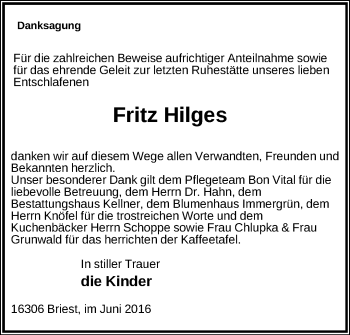 Traueranzeige von Fritz Hilges von Märkische Oderzeitung