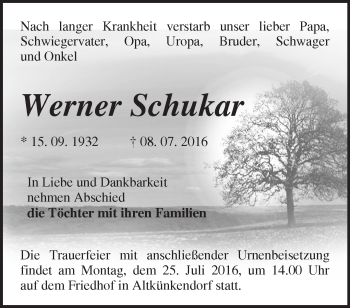 Traueranzeige von Werner Schukar von Märkische Oderzeitung