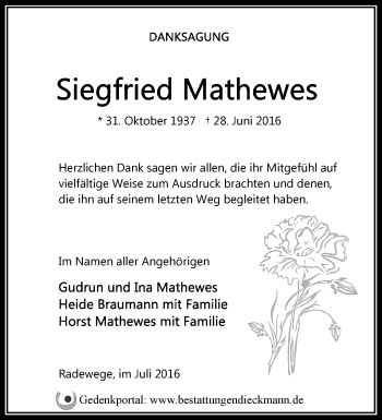 Traueranzeige von Siegfried Mathewes von Märkische Oderzeitung