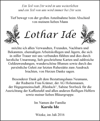 Traueranzeige von Lothar Ide von Märkische Oderzeitung