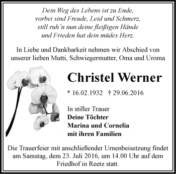 Traueranzeige von Christel Werner von Märkische Oderzeitung