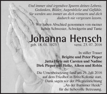 Traueranzeige von Johanna Hensch von Märkische Oderzeitung