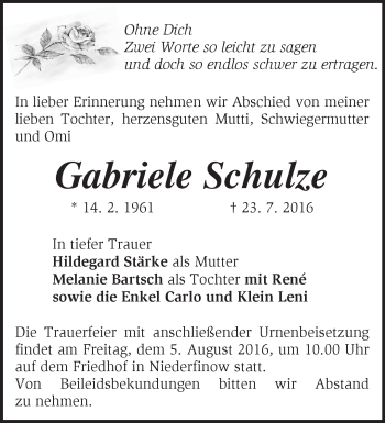 Traueranzeige von Gabriele Schulze von Märkische Oderzeitung