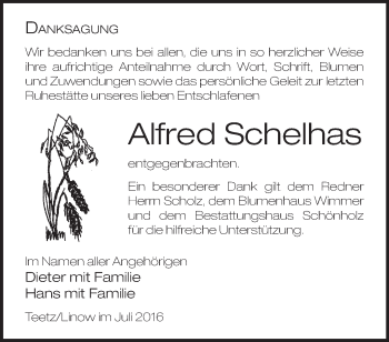 Traueranzeige von Alfred Schelhas von Märkische Oderzeitung