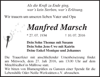 Traueranzeige von Manfred Marsch von Märkische Oderzeitung