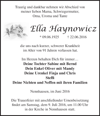 Traueranzeige von Ella Haynowicz von Märkische Oderzeitung