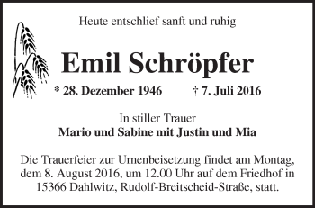 Traueranzeige von Emil Schröpfer von Märkische Oderzeitung