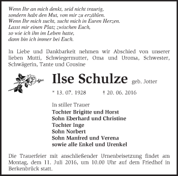 Traueranzeige von Ilse Schulze von Märkische Oderzeitung