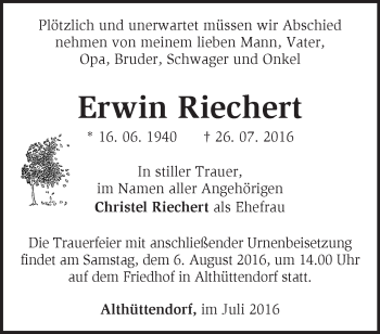 Traueranzeige von Erwin Riechert von Märkische Oderzeitung