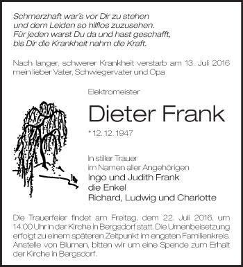 Traueranzeige von Dieter Frank von Märkische Oderzeitung