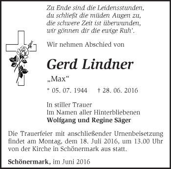 Traueranzeige von Gerd Lindner von Märkische Oderzeitung