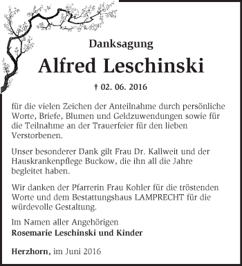 Traueranzeige von Alfred Leschinski von Märkische Oderzeitung