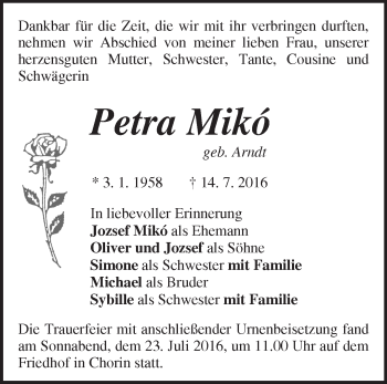 Traueranzeige von Petra Mikó von Märkische Oderzeitung