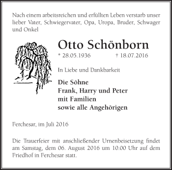 Traueranzeige von Otto Schönborn von Märkische Oderzeitung