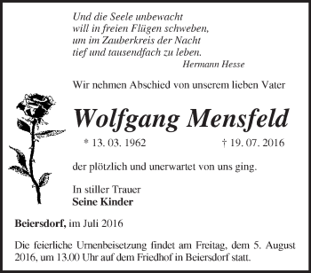 Traueranzeige von Wolfgang Mensfeld von Märkische Oderzeitung