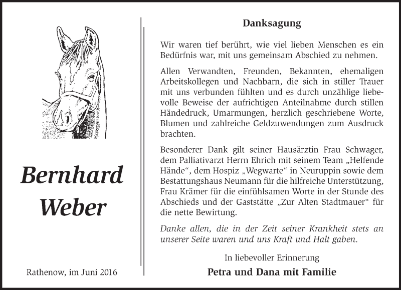  Traueranzeige für Bernhard Weber vom 10.07.2016 aus Märkische Oderzeitung