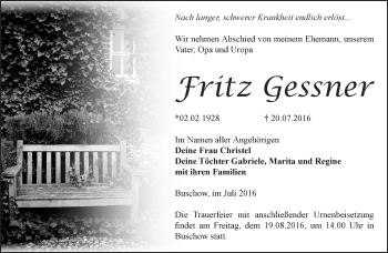 Traueranzeige von Fritz Gessner von Märkische Oderzeitung