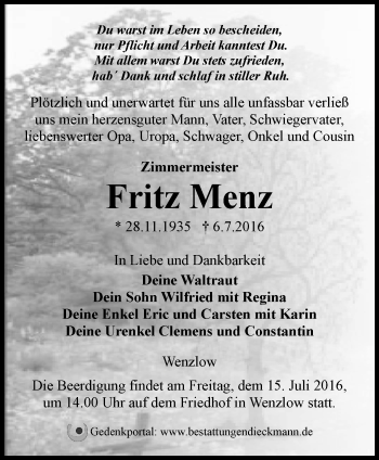 Traueranzeige von Fritz Menz von Märkische Oderzeitung