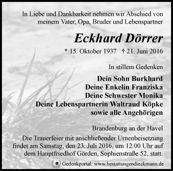 Traueranzeige von Eckhard Dörrer von Märkische Oderzeitung