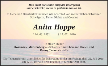 Traueranzeige von Anita Hoppe von Märkische Oderzeitung