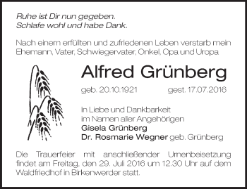 Traueranzeige von Alfred Grünberg von Märkische Oderzeitung