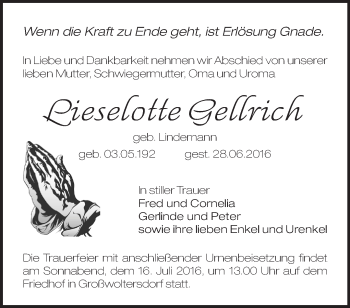 Traueranzeige von Lieselotte Gellrich von Märkische Oderzeitung