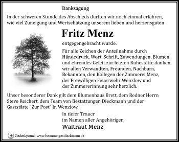 Traueranzeige von Fritz Menz von Märkische Oderzeitung