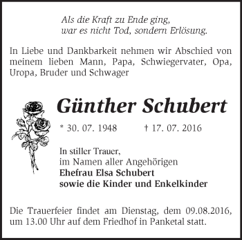 Traueranzeige von Günther Schubert von Märkische Oderzeitung