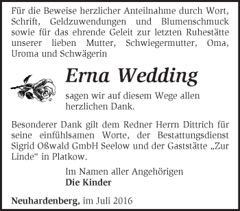 Traueranzeige von Erna Wedding von Märkische Oderzeitung