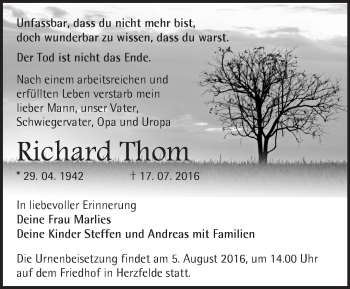 Traueranzeige von Richard Thom von Märkische Oderzeitung