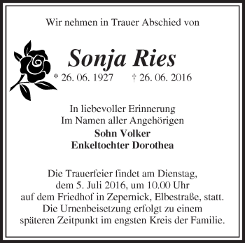 Traueranzeige von Sonja Ries von Märkische Oderzeitung