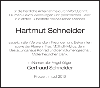 Traueranzeige von Hartmut Schneider von Märkische Oderzeitung