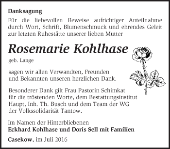 Traueranzeige von Rosemarie Kohlhase von Märkische Oderzeitung