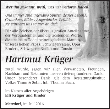 Traueranzeige von Hartmut Krüger von Märkische Oderzeitung