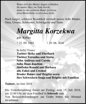 Traueranzeige von Margitta Korzekwa von Märkische Oderzeitung