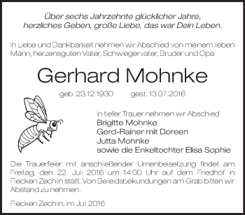 Traueranzeige von Gerhard Mohnke von Märkische Oderzeitung